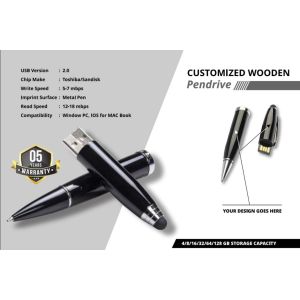 Gloss Finish Black Pen with Custom Printed USB Pen Drive