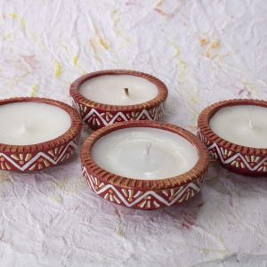 Hand Painted Small Diya with Aromatic Essence Pack of 4, Original clay art