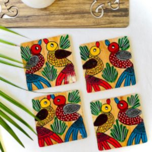 Handpainted Wooden coasters, eco-conscious craftsmanship, bird design, Square