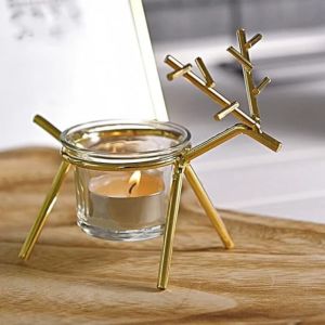 Reindeer Tealight Holder with Glass (Pack of 1, Golden) with candle wax