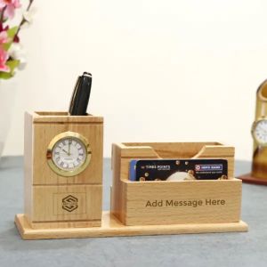 Wooden Pen Pencil Holder with Clock I Customized with Logo & Message