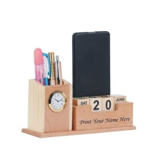 Wooden Desk Organizer Clock, Wooden Calendar, Mobile Holder