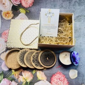 cork coasters with a soy wax aromatic candle
