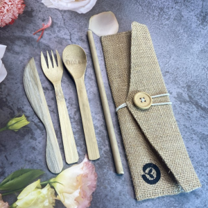 Bamboo Cutlery Set with Jute Pouch I Reusable Travel Set