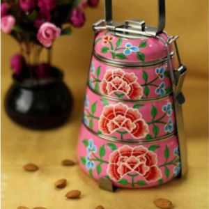 4 tier Hand-Painted Stainless Steel Tiffin Lunch Box Pink Designer