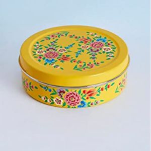 Stainless Steel Cake or Cookie Box Container 7x7 Inch Hand Painted Multicolor, Yellow