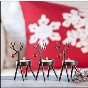 Cast Iron Christmas Red Nose Reindeer Tealight Holder - 3 Pcs with candle lit