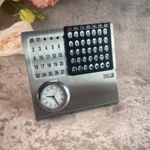 Stainless steel Tabletop Calendar with Clock and Adjustable Month & Date Display