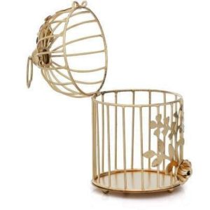 Metal Decorative Bird Hanging Cage Pillar Candle Holder with Gold Plate