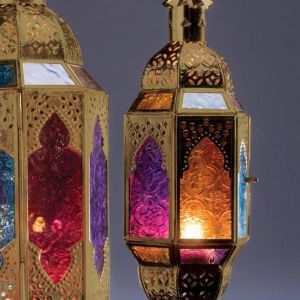 Hanging Moroccan Lantern with Colorful Glass in Gold Polish