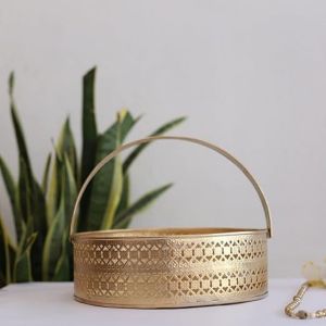 Beautiful Metal Round Shape Laser Cut Traditional Golden Pooja Basket