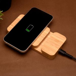  2-in-1 Wireless Charger with Mobile Holder in Oak Finish
