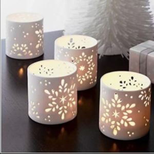 Tea Light Holder with Pierced Star Design. Porcelain Candle Holder for Nightlights White