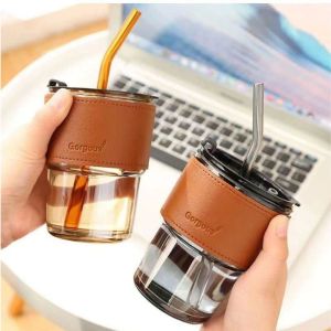 Trendy Glass Tumblr with Mini Glass straw and Stylish Sleeve white transparent and golden transparent glasses 