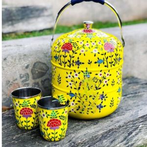 Jaipur Craft Point Water Pot Stainless Steel Water Dispenser with 4 Glass, With Tap yellow
