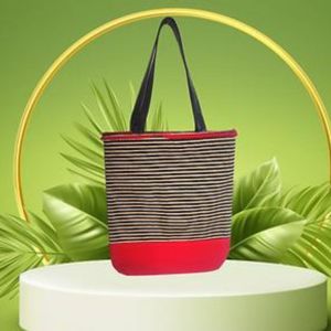 Red with Navy Blue & Black with Pink Stripes Cotton Tote Bag