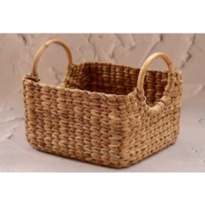 Handwoven Water Hyacinth Storage Basket with Wooden Ring Handles