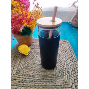 Eco-Friendly Glass Tumbler with Bamboo Lid and Straw – 20 oz, Black Sleeve